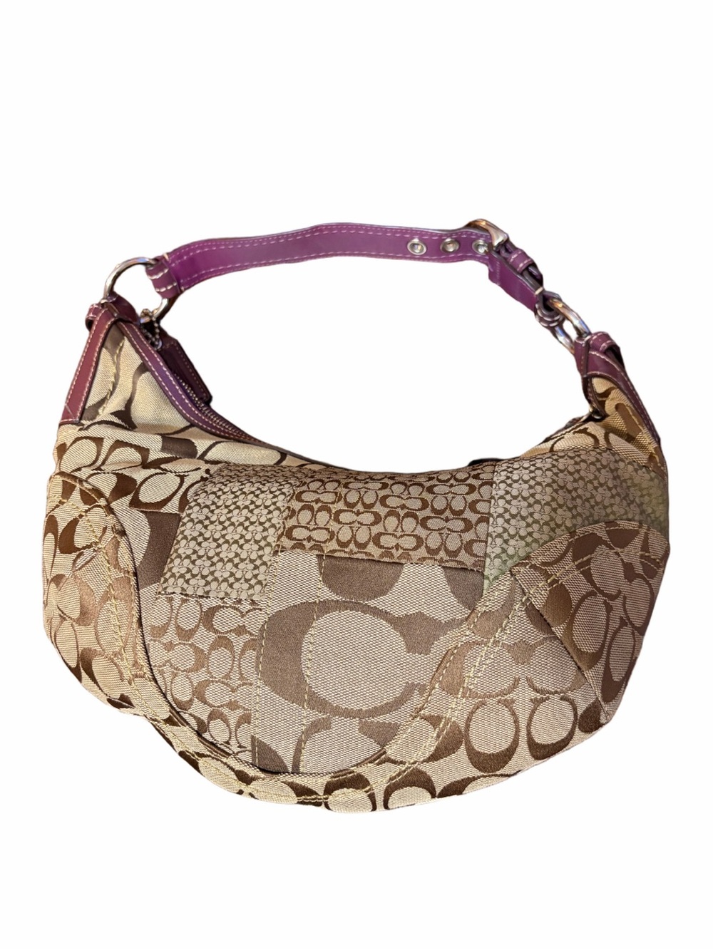 Vintage Coach Soho CrescentSignature Patchwork Small Hobo Y2K Khaki Burgundy - Picture 2 of 11
